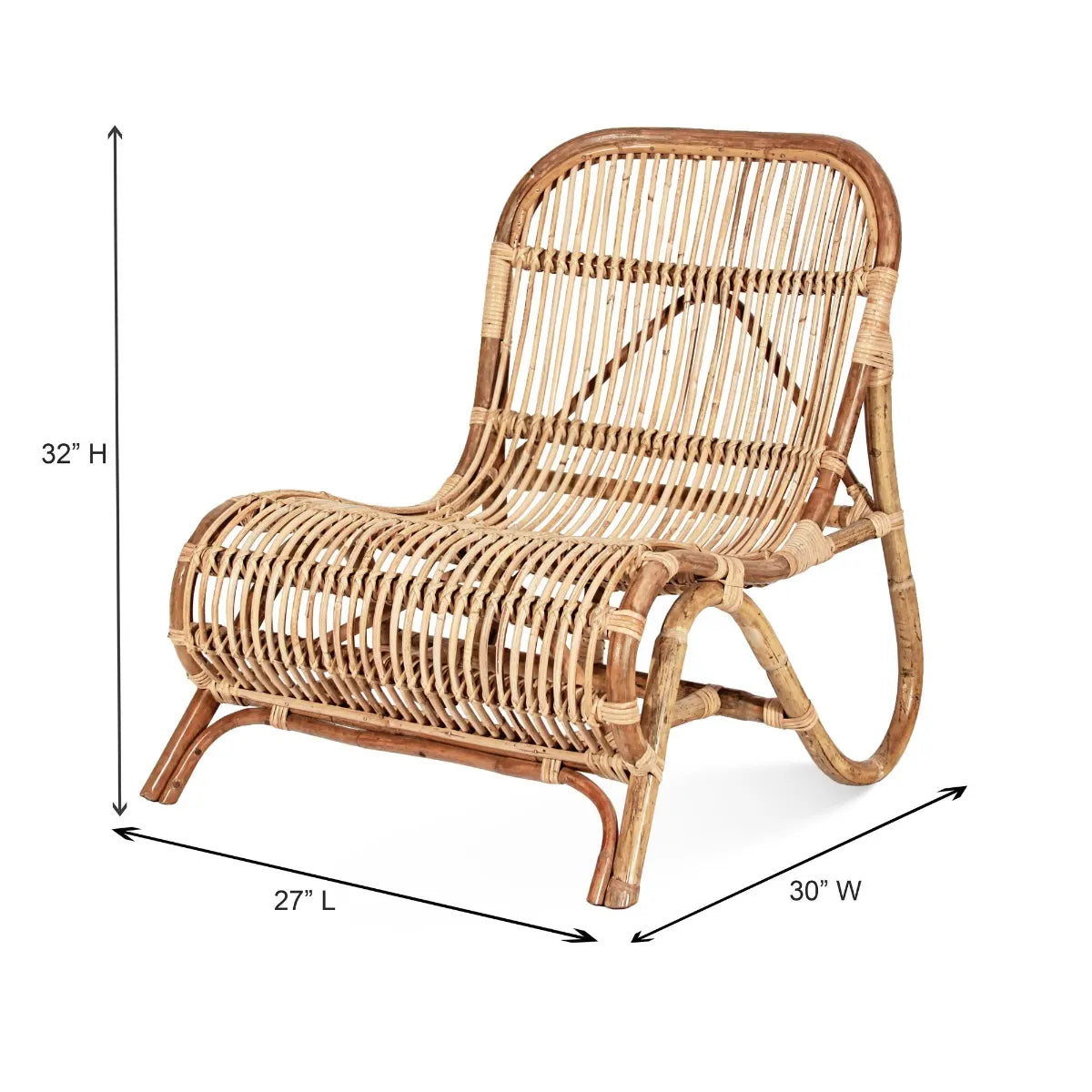 Rattan Kim Lounge Chair, natural woven frame, sloping arms, curved back. 27"L x 30"W x 32"H.