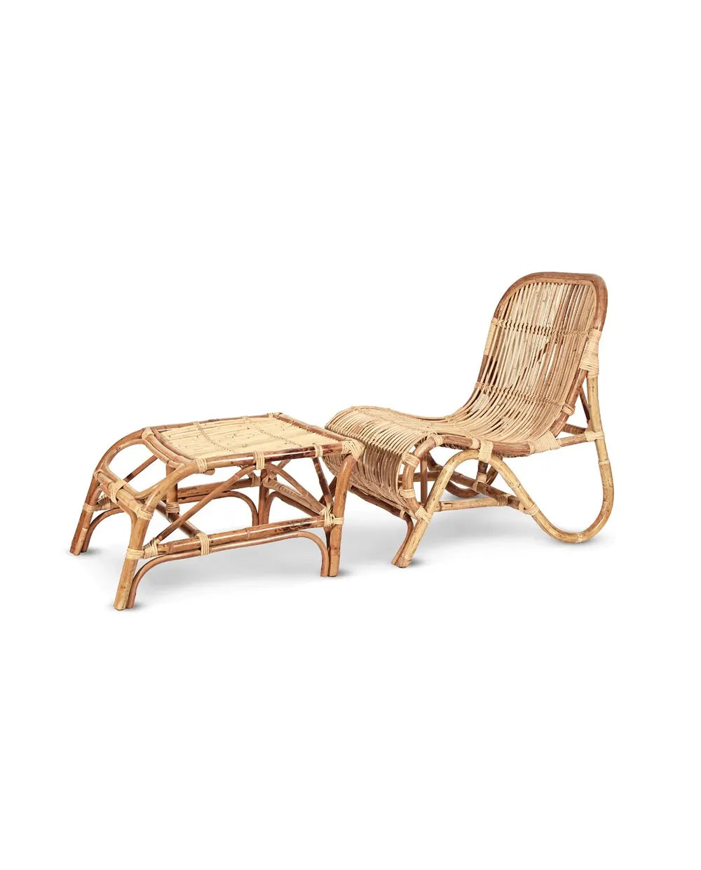 Natural rattan Kim lounge chair with curved back and matching rectangular ottoman.