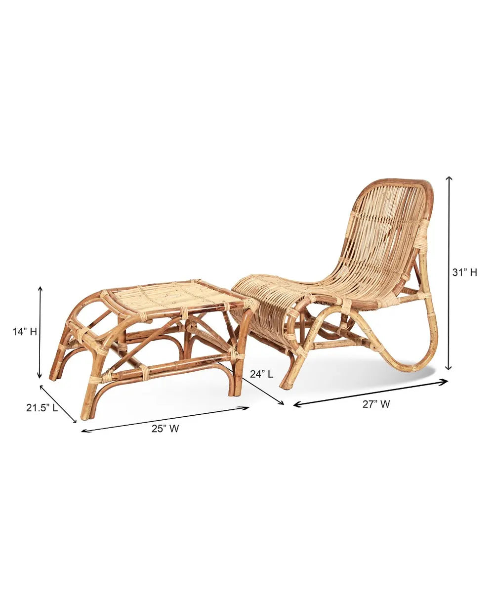Natural rattan lounge chair and ottoman with curvy design and visible dimensions.