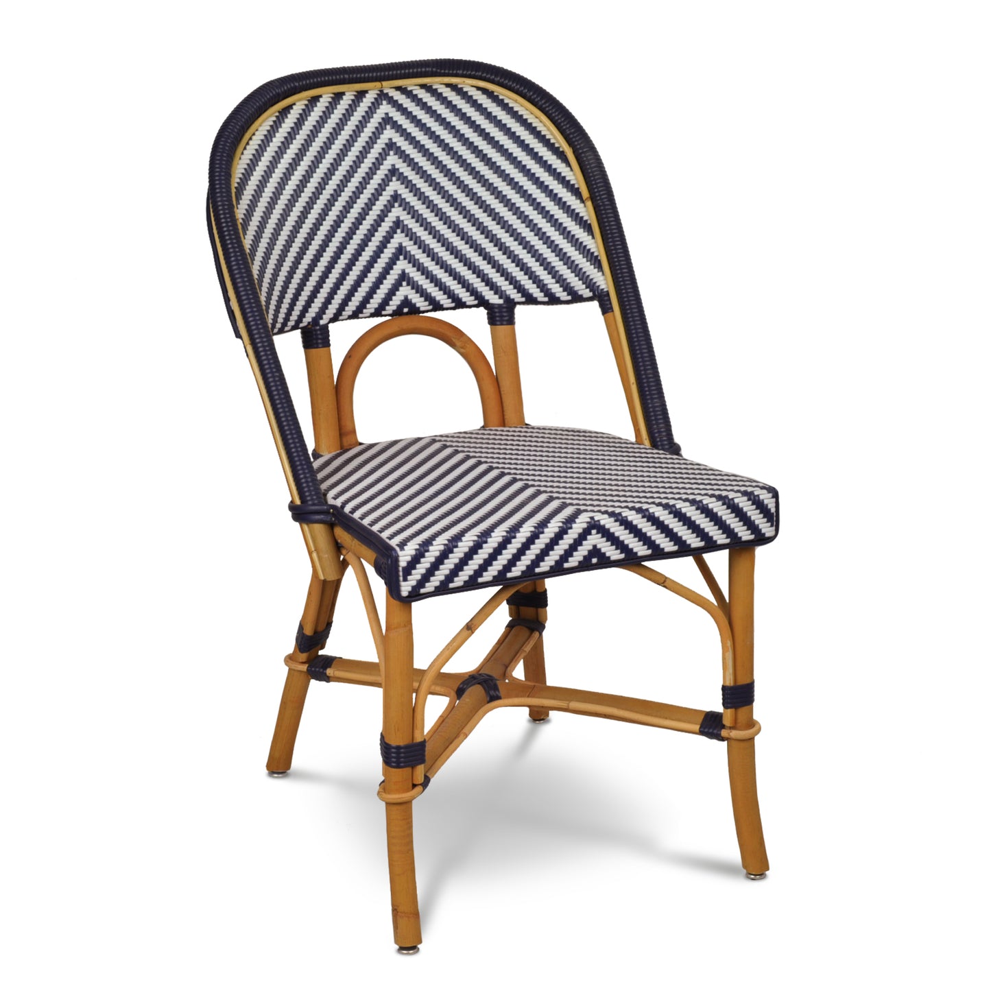 Rattan Navy Chevron Bistro Chair, woven navy blue and white, natural Manau rattan frame, 33"H.