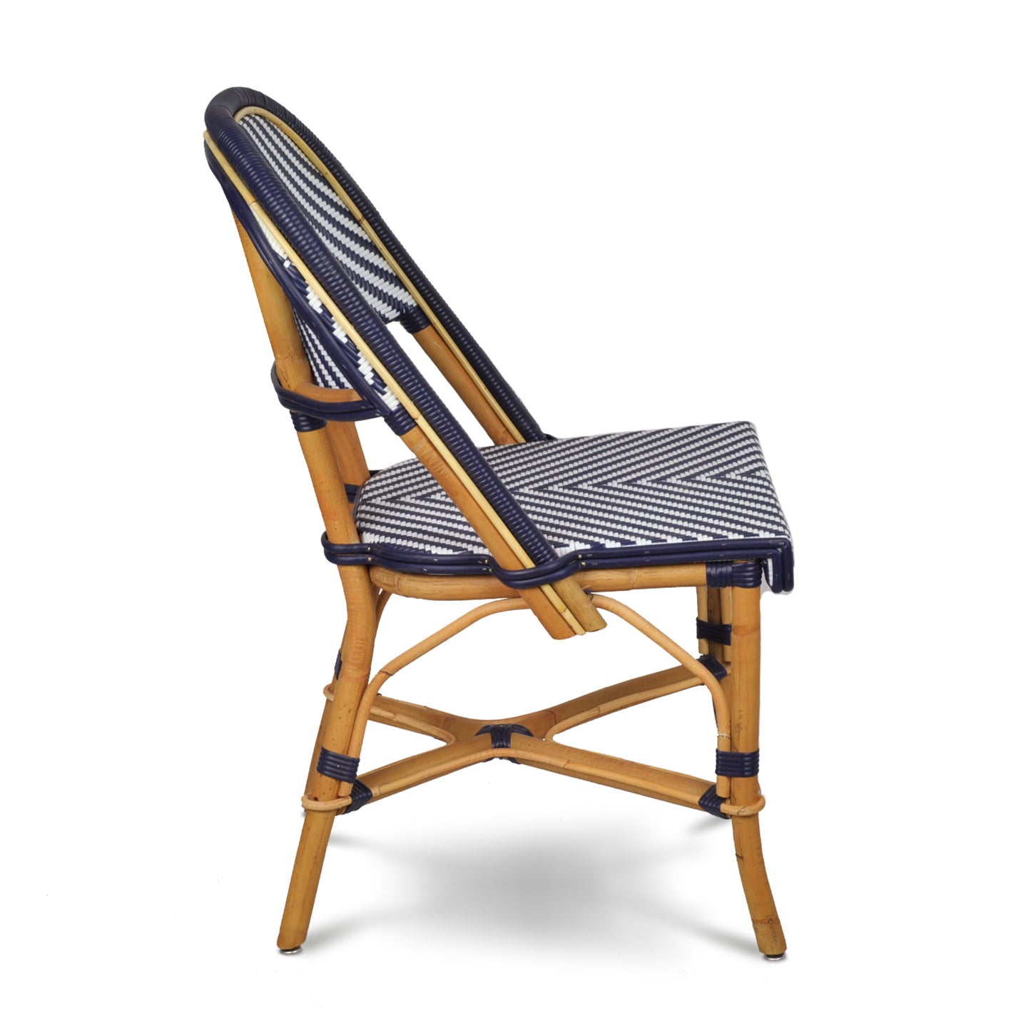 Rattan Navy Chevron Bistro Chair, natural rattan frame with woven navy and white chevron seat and back.