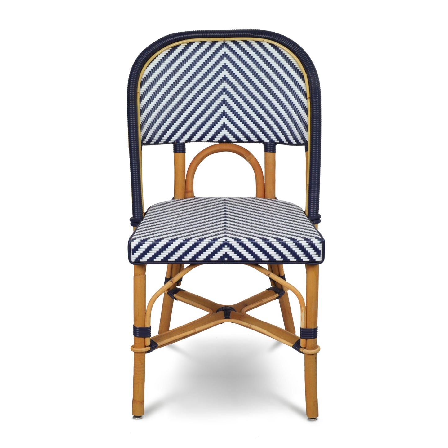 Rattan Navy Chevron Bistro Chair, navy blue and white woven rattan, natural wood frame.