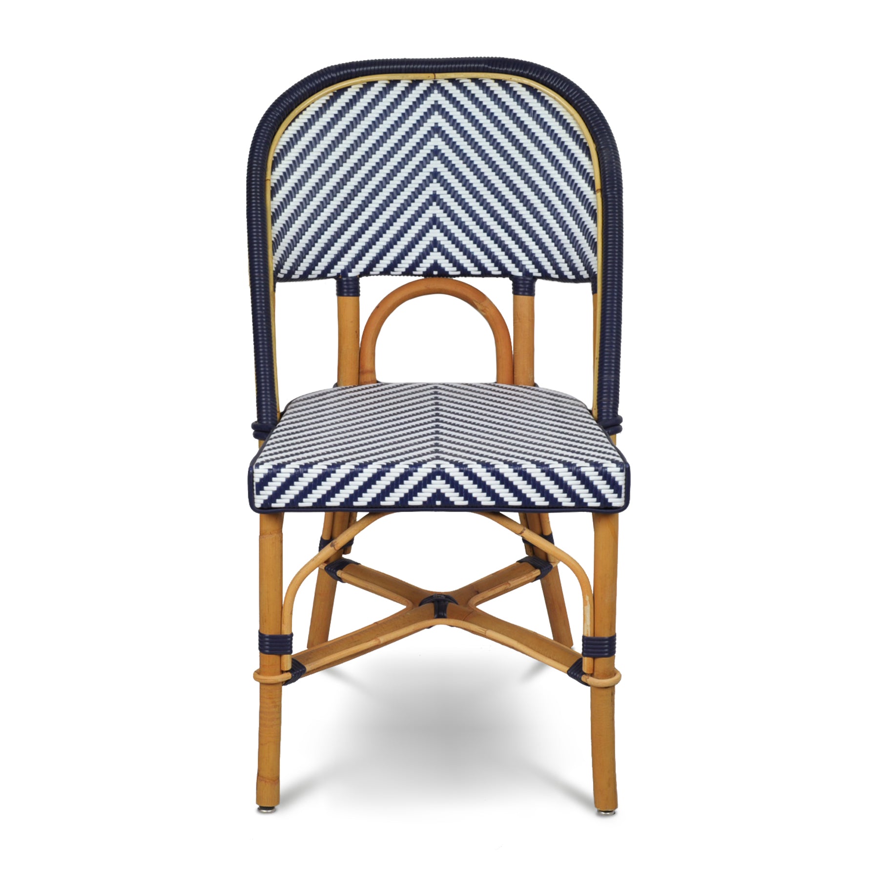 Rattan Navy Chevron Bistro Chair, navy blue and white woven rattan, natural wood frame.