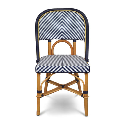 Rattan Navy Chevron Bistro Chair, navy blue and white woven rattan, natural wood frame.