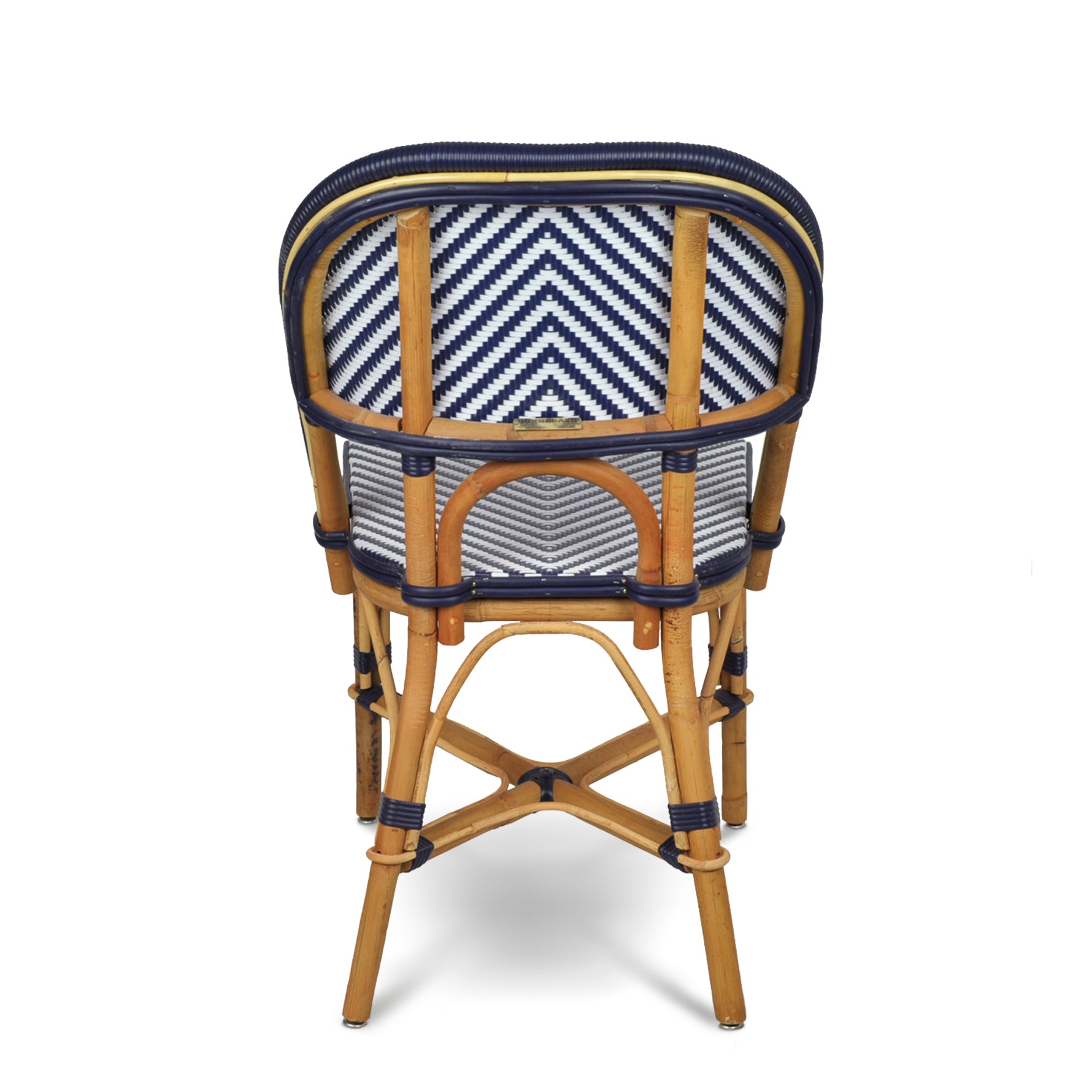 Rattan Navy Chevron Bistro Chair, handmade, woven navy blue and white rattan, 33"H.