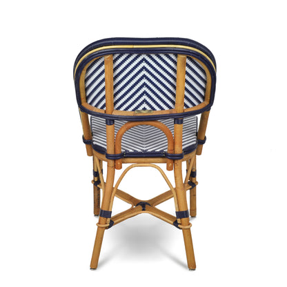 Rattan Navy Chevron Bistro Chair, handmade, woven navy blue and white rattan, 33"H.