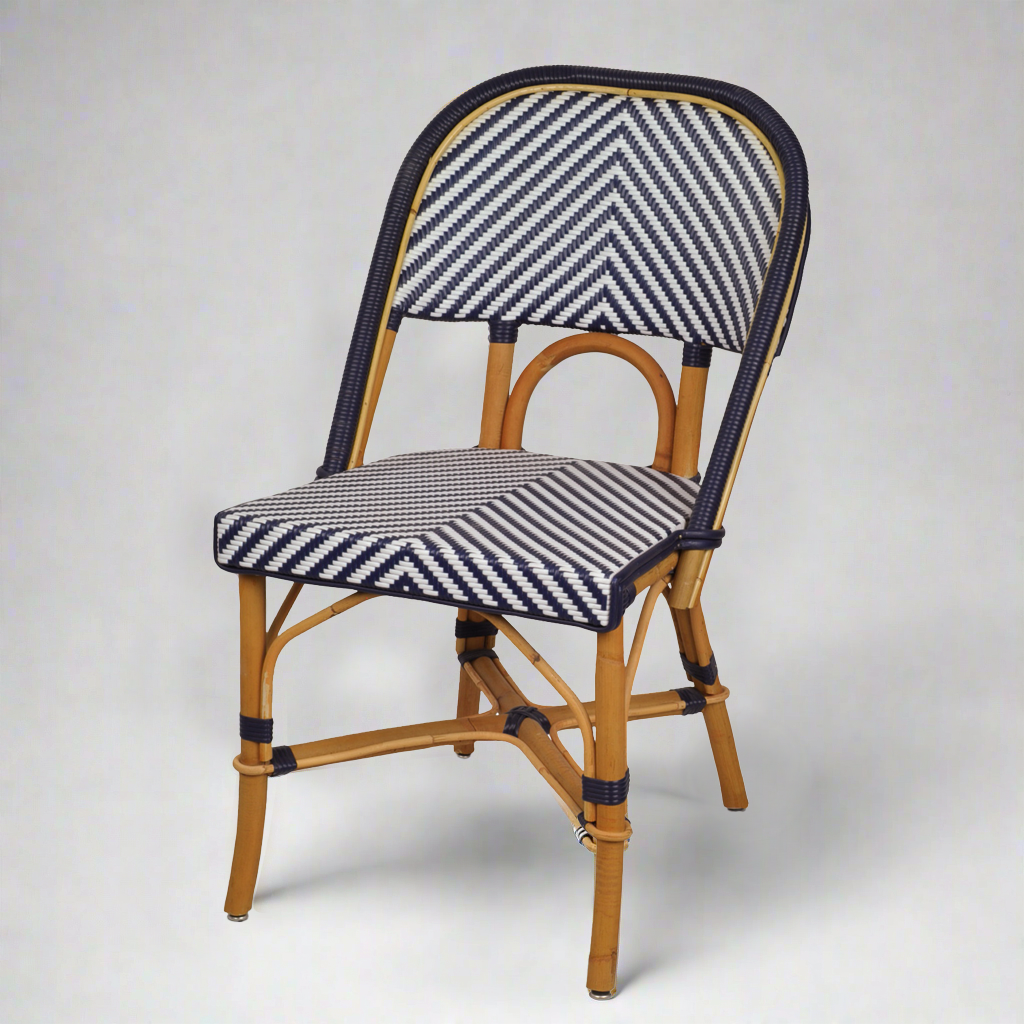 Rattan Navy Chevron Bistro Chair, woven navy blue and white rattan, 33"H.