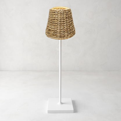 Natural rattan woven lamp shade, 4.5"Dia x 4.5"H, on a white lamp base.