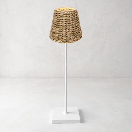 Natural rattan woven lamp shade, 4.5"Dia x 4.5"H, on a white lamp base.