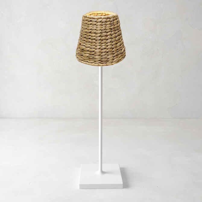 Natural rattan woven lamp shade, 4.5"Dia x 4.5"H, on a white lamp base.