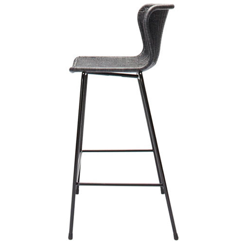 Dark gray rattan "Wing" indoor counter stool with a black steel frame, side view.