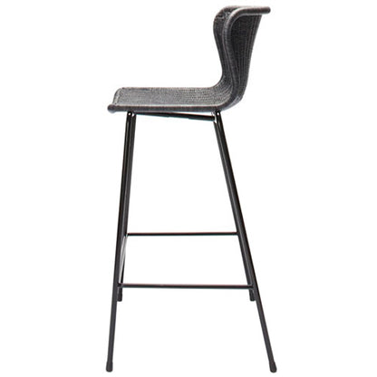 Dark gray rattan "Wing" indoor counter stool with a black steel frame, side view.