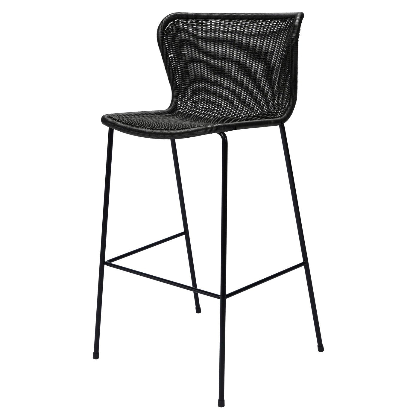 Black rattan wicker "Wing" counter stool with powder-coated steel frame, designed by Yuzuru Yamakawa.
