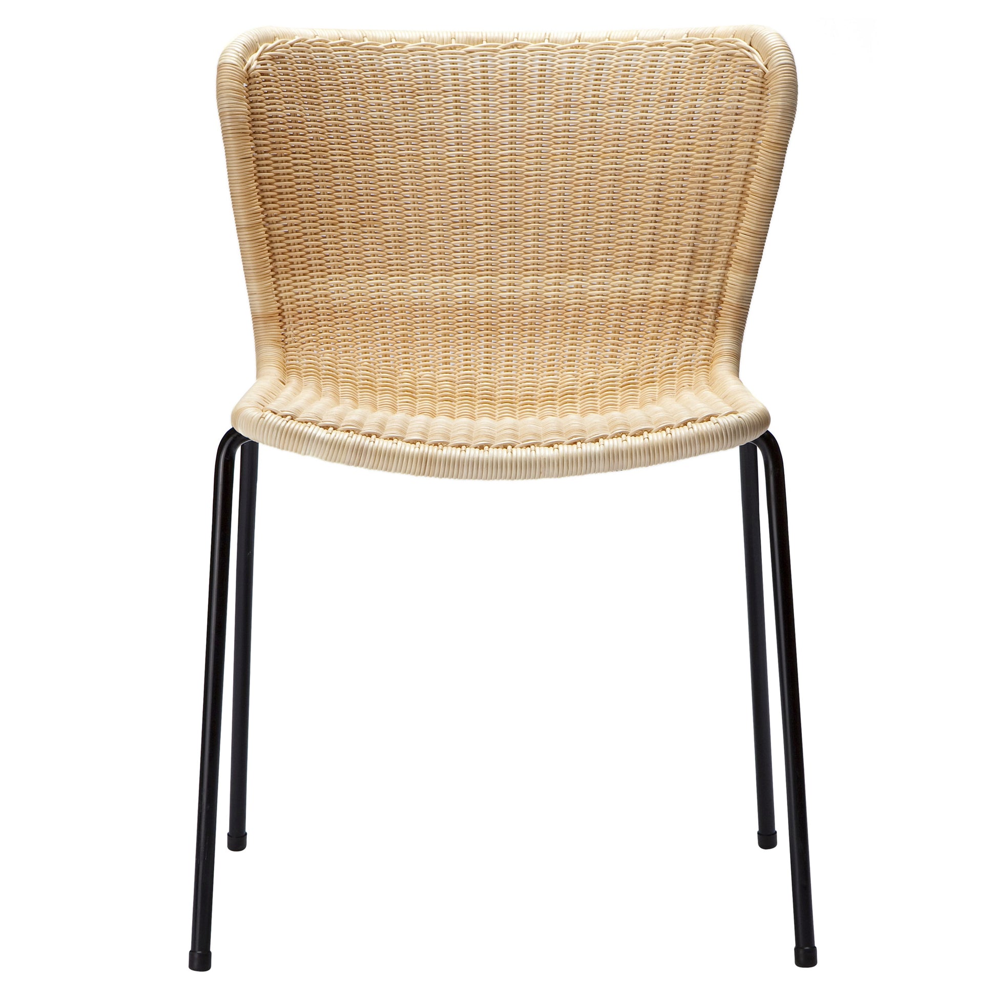 Rattan "Wing" outdoor dining chair with light beige polyethylene wicker seat and black steel frame.
