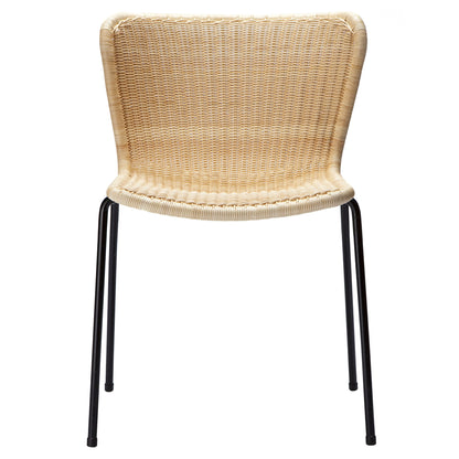 Rattan "Wing" outdoor dining chair with light beige polyethylene wicker seat and black steel frame.