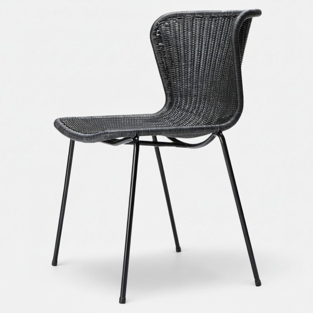 Black rattan "Wing" outdoor dining chair with a sleek, curved back and black steel legs.