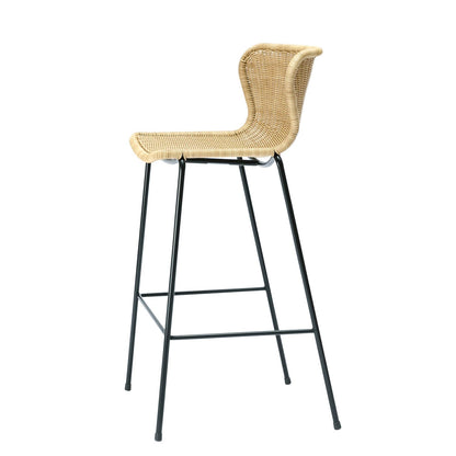 Yuzuru Yamakawa Rattan "Wing" Outdoor Stool with natural polyethylene wicker seat and black steel frame.