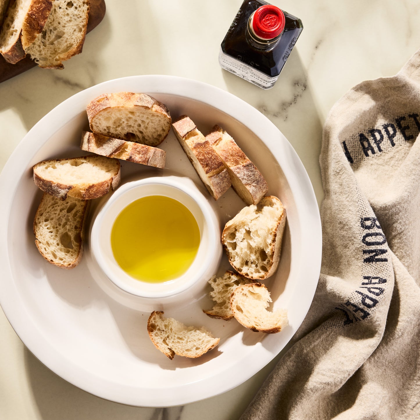 White stoneware Ravello chip and dip platter with olive oil and sliced bread, 13"Dia.