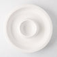 Ravello white stoneware chip and dip platter with built-in dipping bowl, 13" diameter.