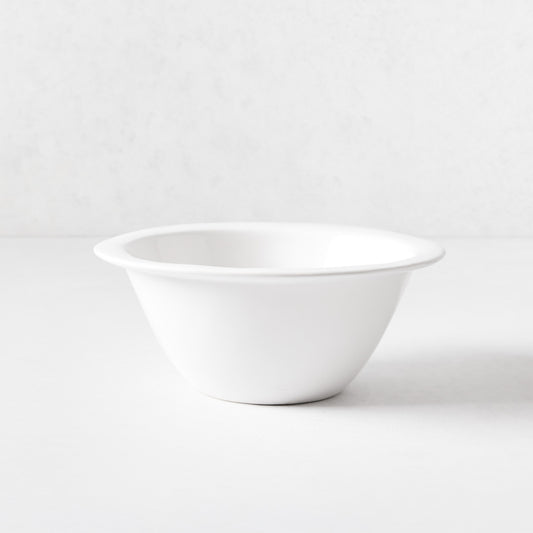 Ravello white stoneware soup bowl with a wide raised lip, 6.75-inch diameter, minimalist design.