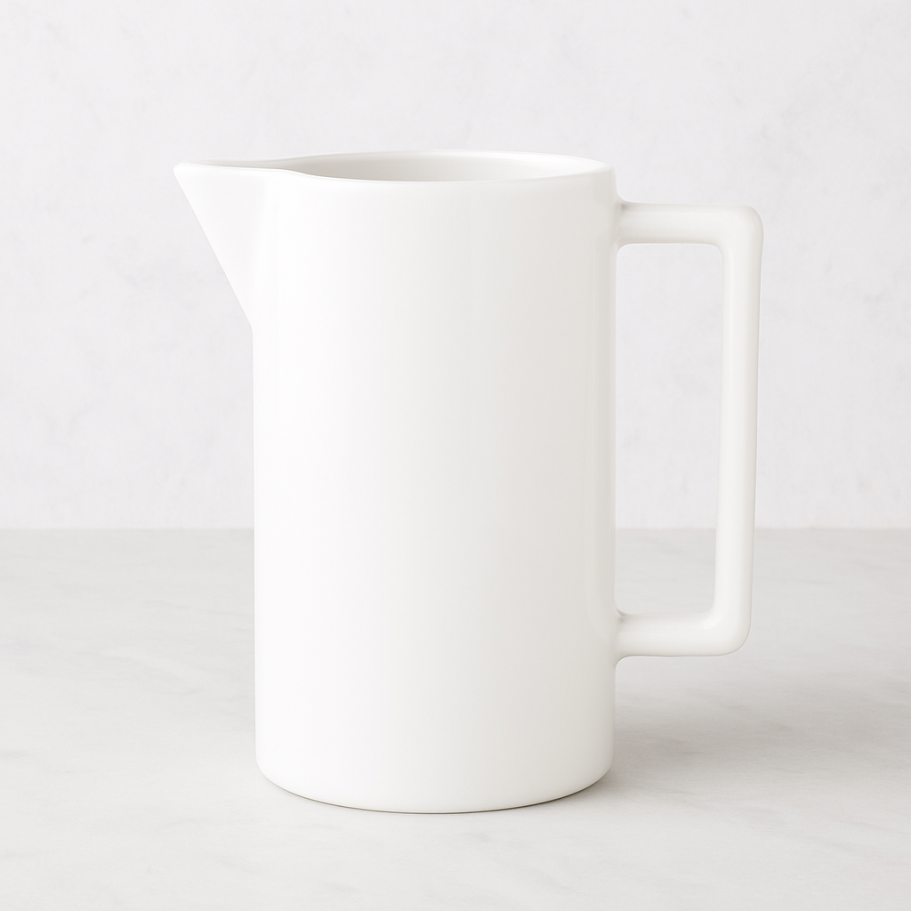 Large rectangular handled ceramic pitcher in creamy white glaze.