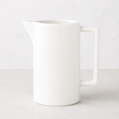 Large rectangular handled ceramic pitcher in creamy white glaze.