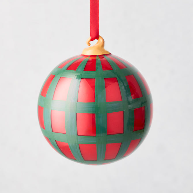 HG Red and Green Jolly Gingham Bauble Christmas Tree Ornament, 3"Dia mouth-blown glass.