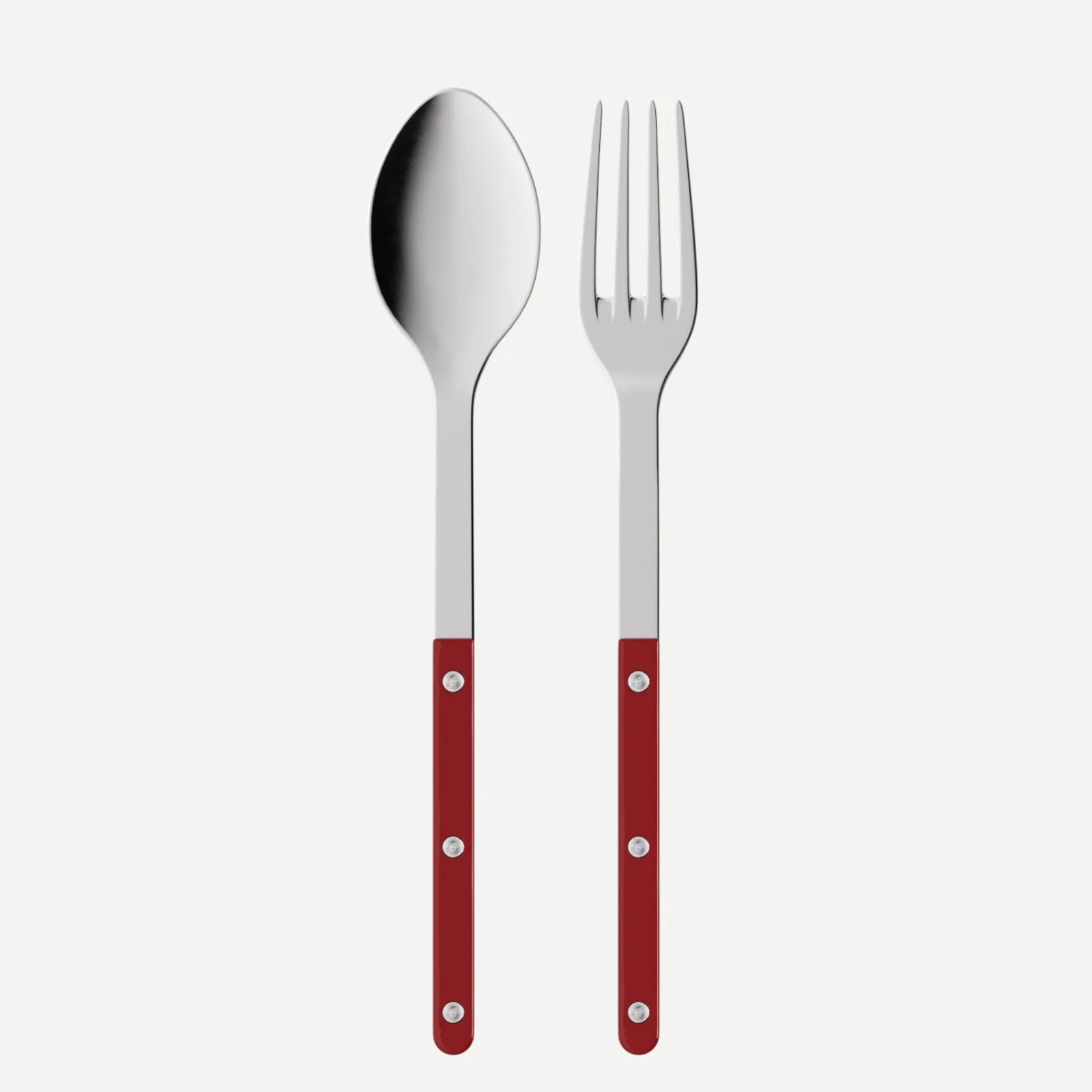 Red Bistro 2-piece serving set: 10.25" stainless steel spoon and fork with red acrylic handles.