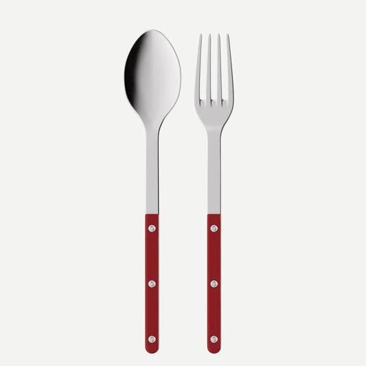Red Bistro 2-piece serving set: 10.25" stainless steel spoon and fork with red acrylic handles.