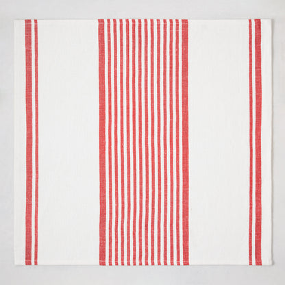Red Boat Stripe Napkin, 22" square, ivory cotton-linen with vertical red stripes.