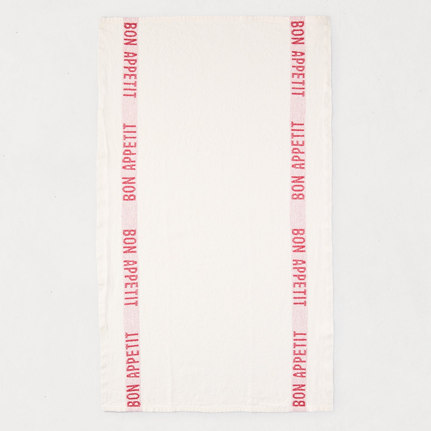 White linen "Bon Appetit" hand towel with red vertical stripes, 27.5"L x 17"W.