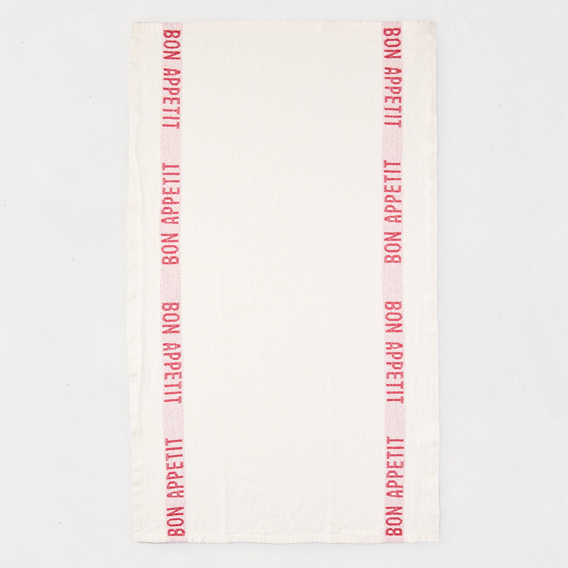 White linen "Bon Appetit" hand towel with red vertical stripes, 27.5"L x 17"W.