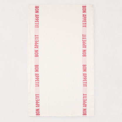 White linen "Bon Appetit" hand towel with red vertical stripes, 27.5"L x 17"W.