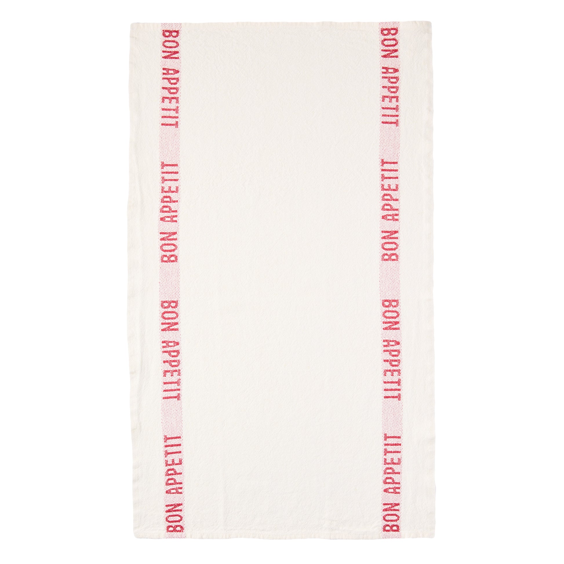 White linen hand towel with vertical red "Bon Appetit" text stripes.