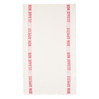 White linen hand towel with vertical red "Bon Appetit" text stripes.
