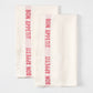Set of 2 red "Bon Appetit" hand-loomed linen hand towels with red stripe.