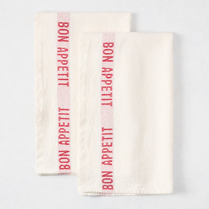 Set of 2 red "Bon Appetit" hand-loomed linen hand towels with red stripe.
