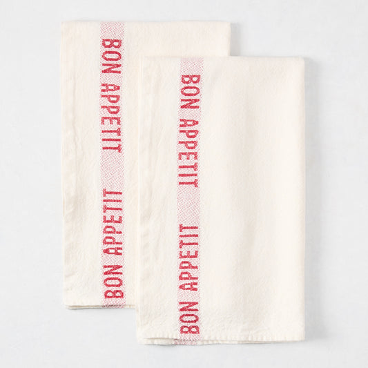 Set of 2 red "Bon Appetit" hand-loomed linen hand towels with red stripe.