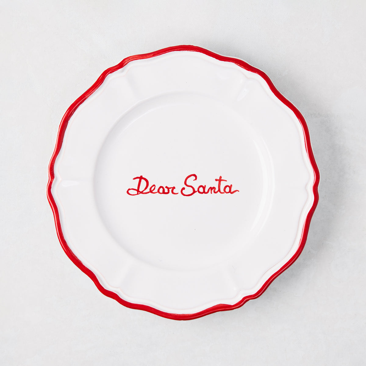 White ceramic "Dear Santa" appetizer plate with hand-painted red border and script, 7"Dia.