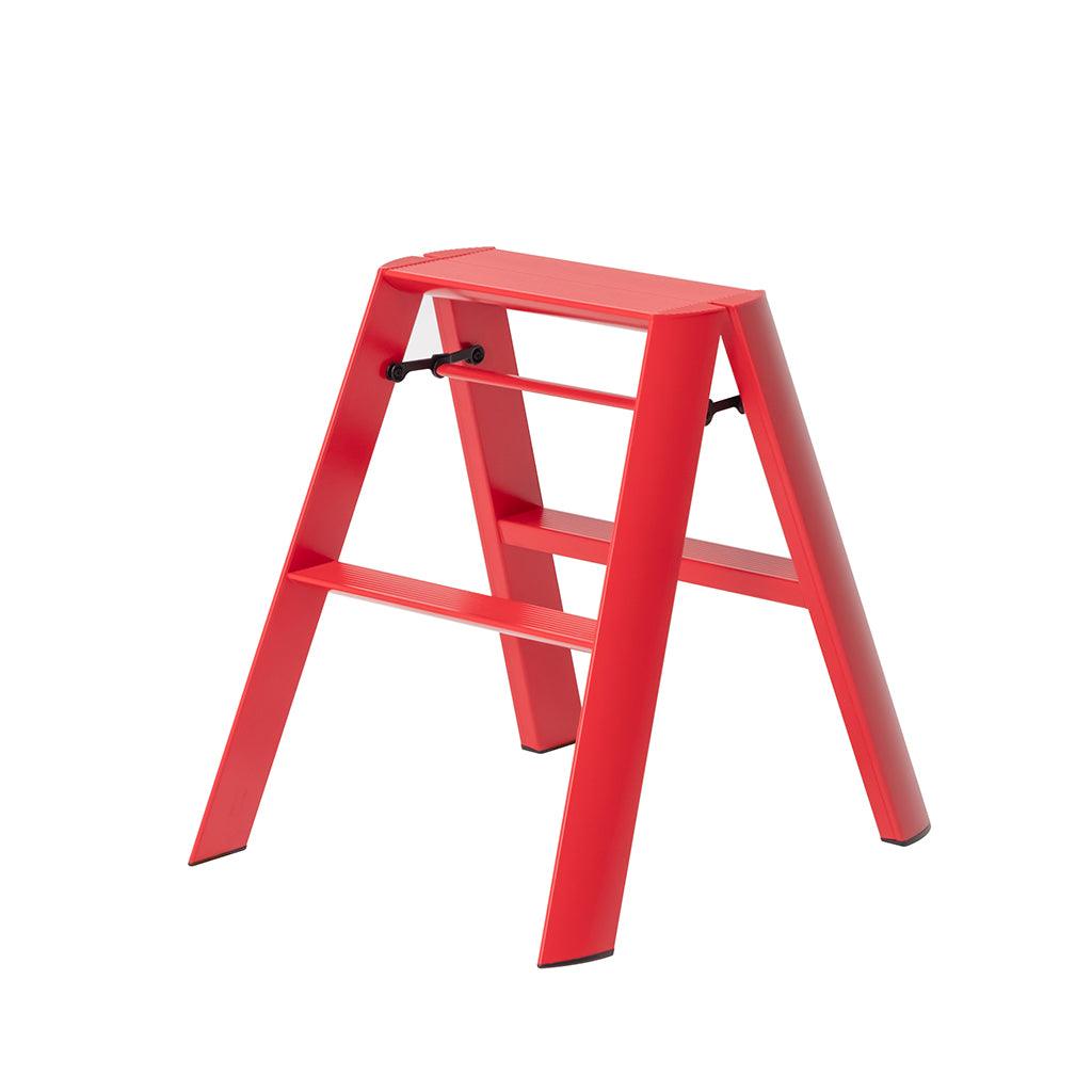 Red Lucano Hasegawa 2-step lightweight aluminum and steel ladder with matte finish and black accents.