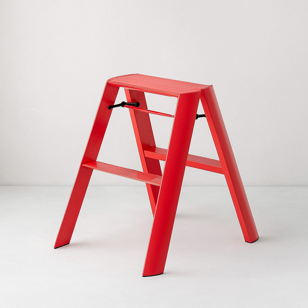 Red Lucano Hasegawa 2-step lightweight aluminum and steel ladder with black accents.