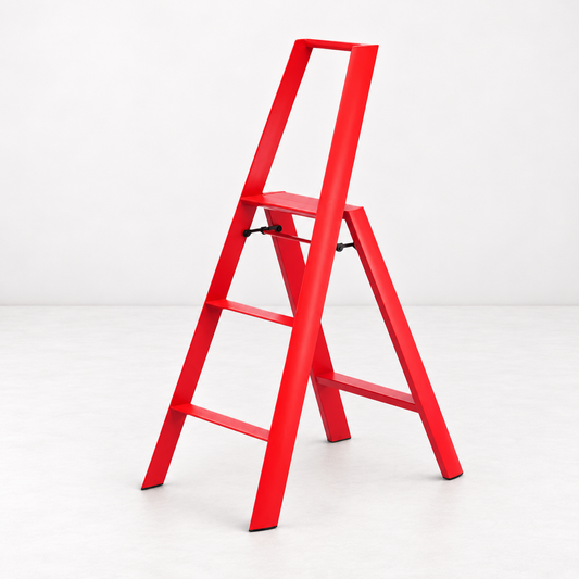 Red Hasegawa Lucano 3-step ladder in matte red aluminum and steel with a safety bar and non-skid feet.