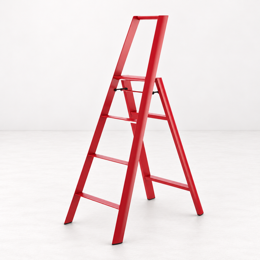 Red Hasegawa Lucano 4-step ladder in matte red aluminum and steel with a minimalist design and safety bar.
