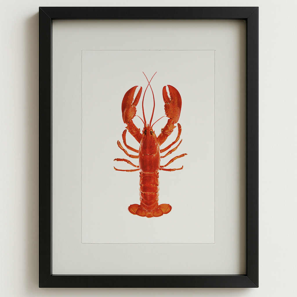 Red Maine Lobster English watercolor wall art print in a black shadowbox frame.