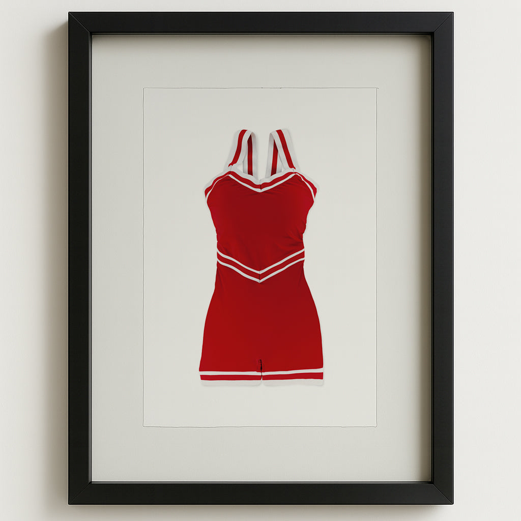 Red vintage swimsuit art print on English watercolor paper, framed in black.