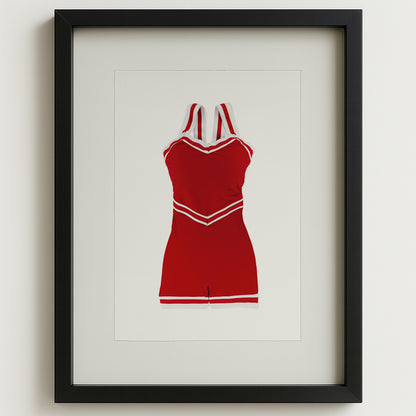 Red vintage swimsuit art print on English watercolor paper, framed in black.