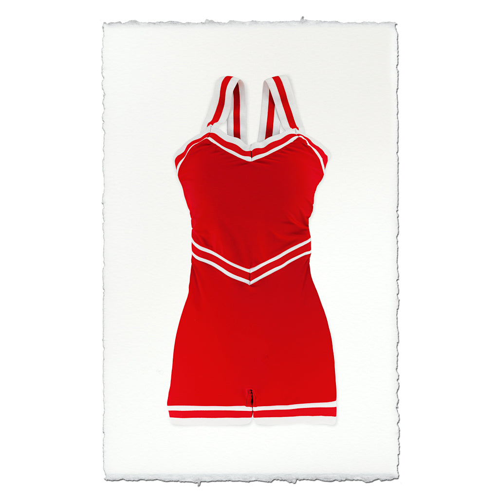 Red vintage swimsuit art print on English watercolor paper, with white trim.