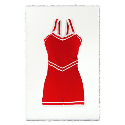 Red vintage swimsuit art print on English watercolor paper, with white trim.