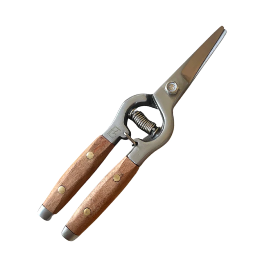 Redwood Garden Snips with stainless steel blades, brass pins, and light brown wooden handles.