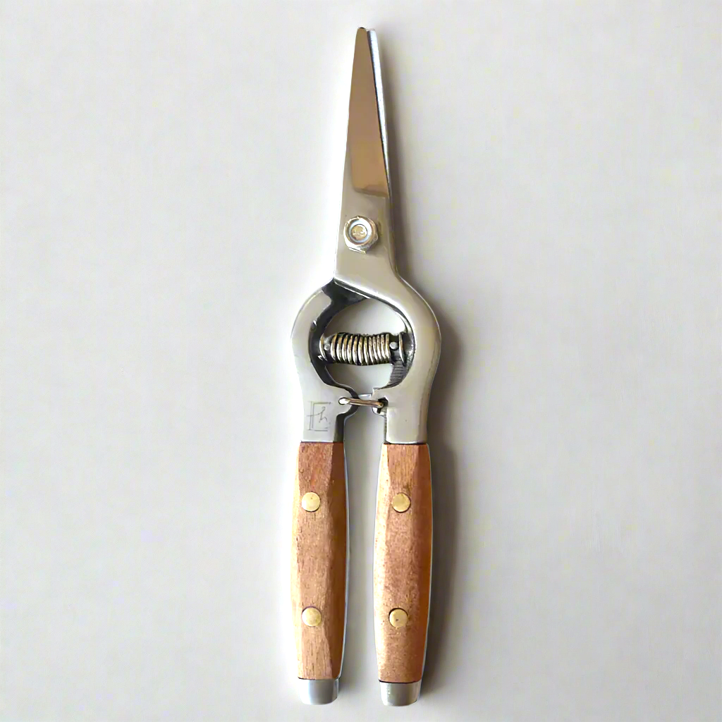 Redwood Garden Snips with deep redwood handles, drop-forged stainless steel blades, and brass pins.